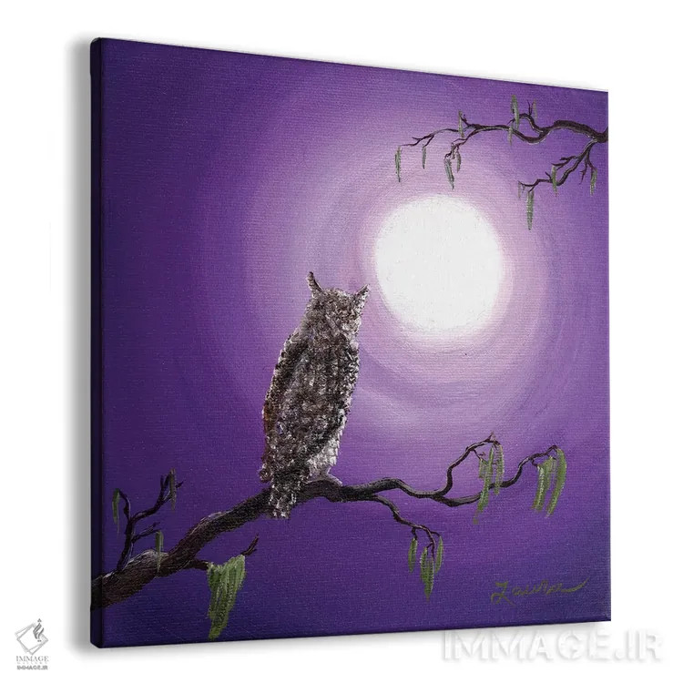 تابلو دکوراتیو جغد روی شاخه خزه ای اثر لورا ایورسن - نمای پرسپکتیو محصول