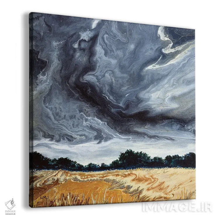 تابلو انتزاعی ابرهای طوفانی بالای دشت بلوط اثر لورا ایورسن - نمای پرسپکتیو محصول