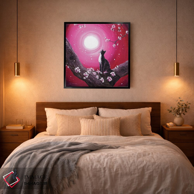 تابلو دکوراتیو گربه توکسیدو میان شکوفه های گیلاس اثر لورا ایورسن - D4B