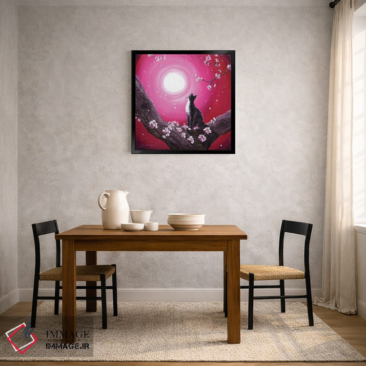 تابلو دکوراتیو گربه توکسیدو میان شکوفه های گیلاس اثر لورا ایورسن - D3B