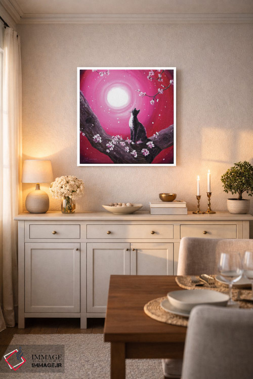 تابلو دکوراتیو گربه توکسیدو میان شکوفه های گیلاس اثر لورا ایورسن - D5W