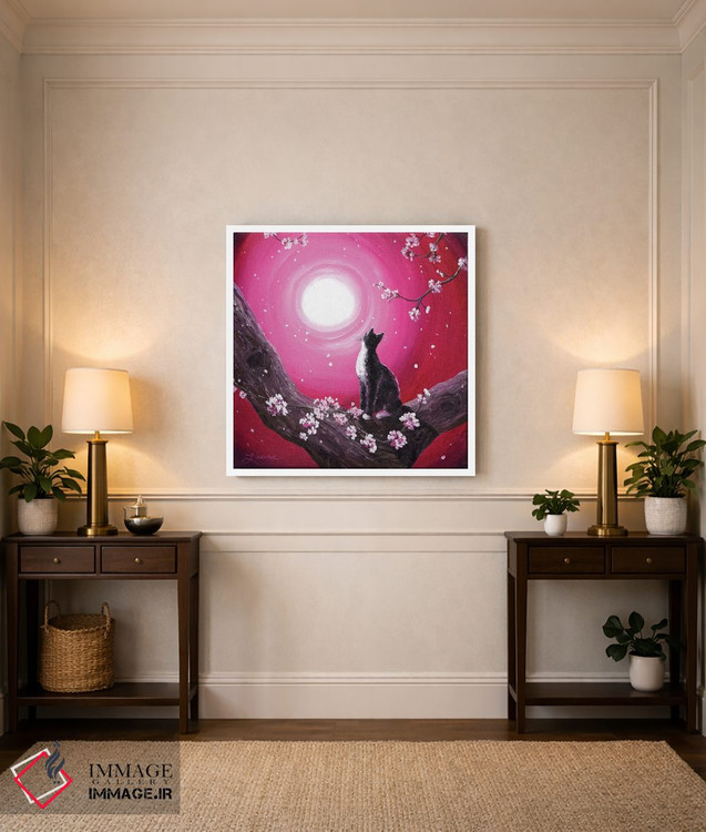 تابلو دکوراتیو گربه توکسیدو میان شکوفه های گیلاس اثر لورا ایورسن - D6W