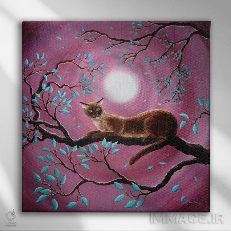 تابلو دکوراتیو گربه برمه ای شکلاتی در برگ های رقصان اثر لورا ایورسن - نمای روبهرو روی دیوار