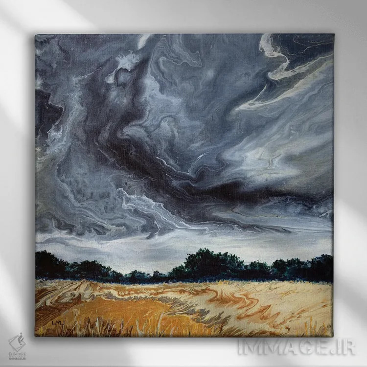 تابلو انتزاعی ابرهای طوفانی بالای دشت بلوط اثر لورا ایورسن - نمای روبهرو روی دیوار
