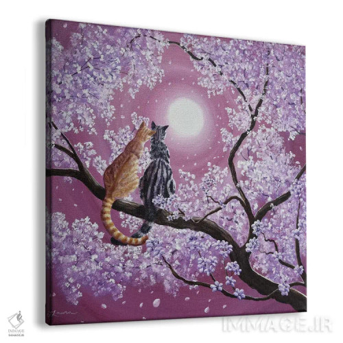 تابلو دکوراتیو گربه های تابیت نارنجی و خاکستری در شکوفه های گیلاس اثر لورا ایورسن - نمای پرسپکتیو محصول