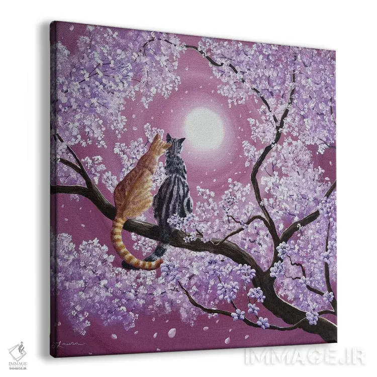 تابلو دکوراتیو گربه های تابیت نارنجی و خاکستری در شکوفه های گیلاس اثر لورا ایورسن - نمای پرسپکتیو محصول