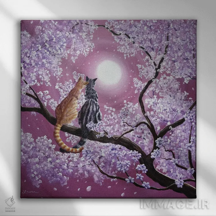 تابلو دکوراتیو گربه های تابیت نارنجی و خاکستری در شکوفه های گیلاس اثر لورا ایورسن - نمای روبهرو روی دیوار