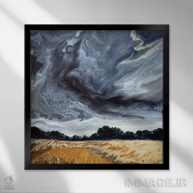 تابلو انتزاعی ابرهای طوفانی بالای دشت بلوط اثر لورا ایورسن - نمای قابدار مشکی