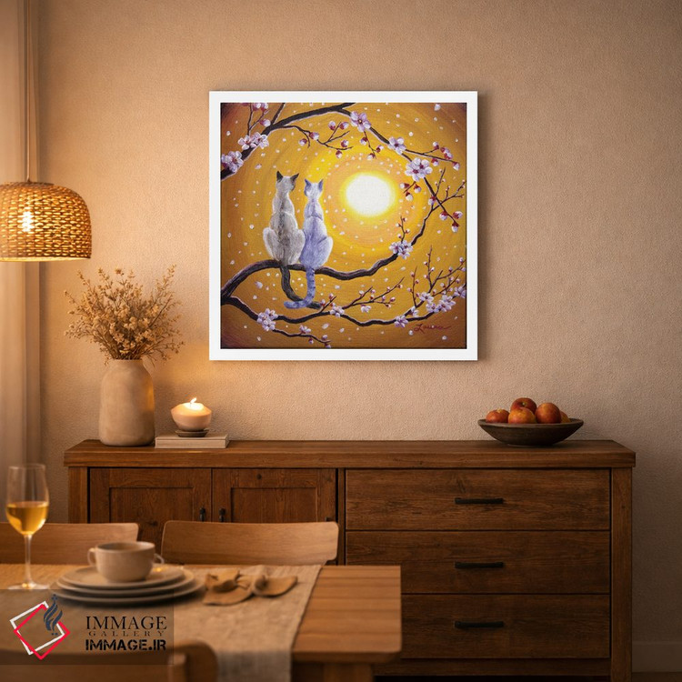 تابلو دکوراتیو گربه های سیامی در آغوش ساکورای طلایی اثر لورا ایورسن - D3W