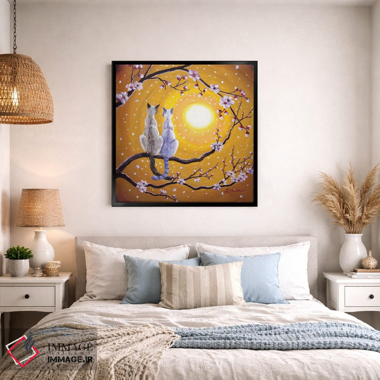 تابلو دکوراتیو گربه های سیامی در آغوش ساکورای طلایی اثر لورا ایورسن - D1B