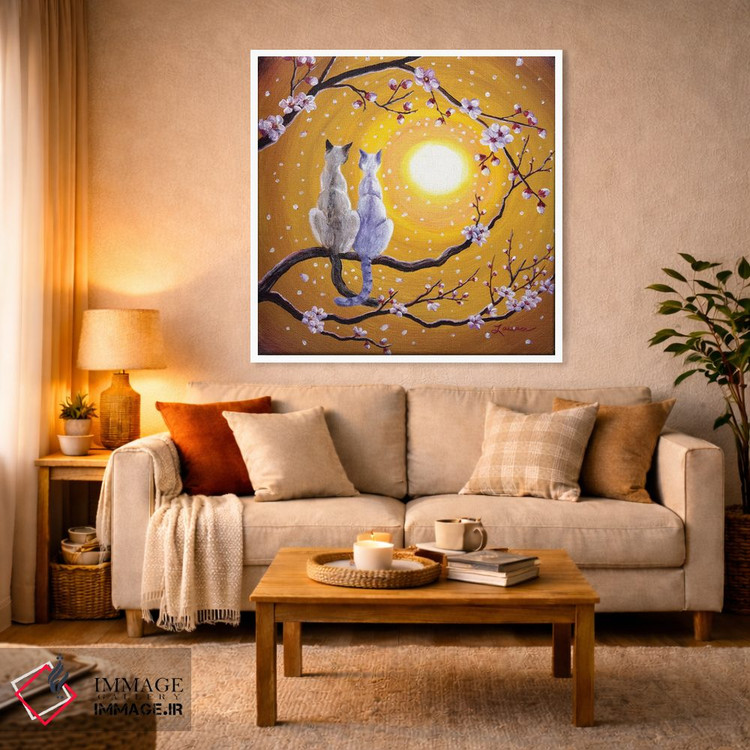 تابلو دکوراتیو گربه های سیامی در آغوش ساکورای طلایی اثر لورا ایورسن - D2W