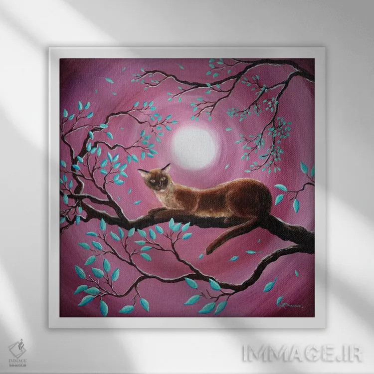 تابلو دکوراتیو گربه برمه ای شکلاتی در برگ های رقصان اثر لورا ایورسن - نمای قابدار سفید