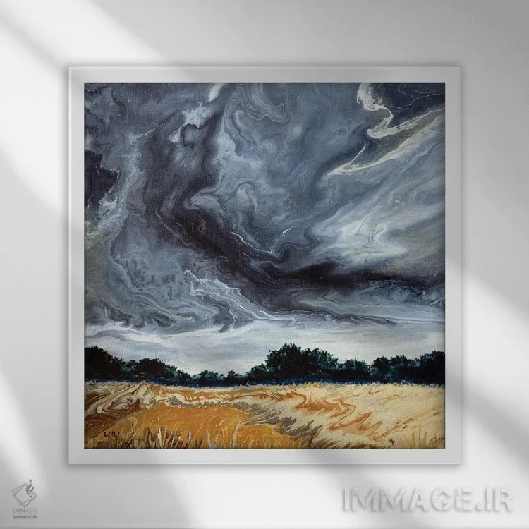 تابلو انتزاعی ابرهای طوفانی بالای دشت بلوط اثر لورا ایورسن - نمای قابدار سفید