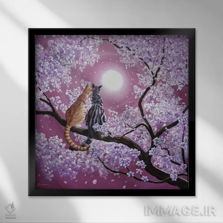 تابلو دکوراتیو گربه های تابیت نارنجی و خاکستری در شکوفه های گیلاس اثر لورا ایورسن - نمای قابدار مشکی