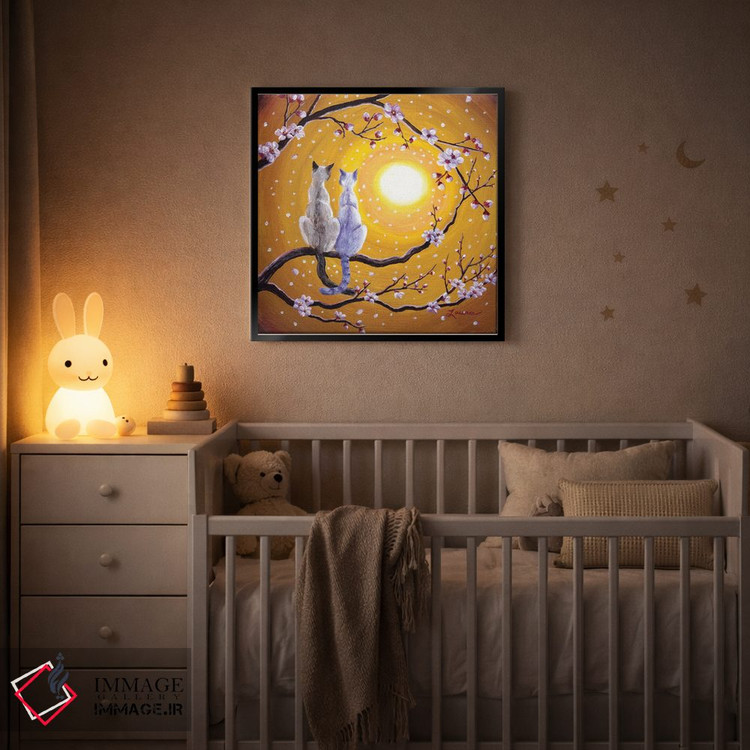 تابلو دکوراتیو گربه های سیامی در آغوش ساکورای طلایی اثر لورا ایورسن - D4B