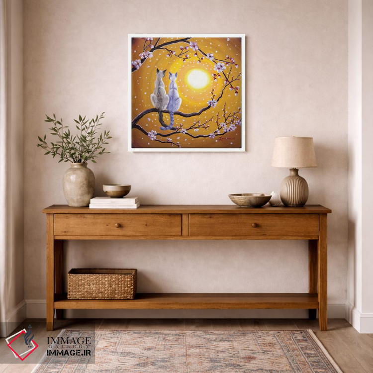 تابلو دکوراتیو گربه های سیامی در آغوش ساکورای طلایی اثر لورا ایورسن - D5W