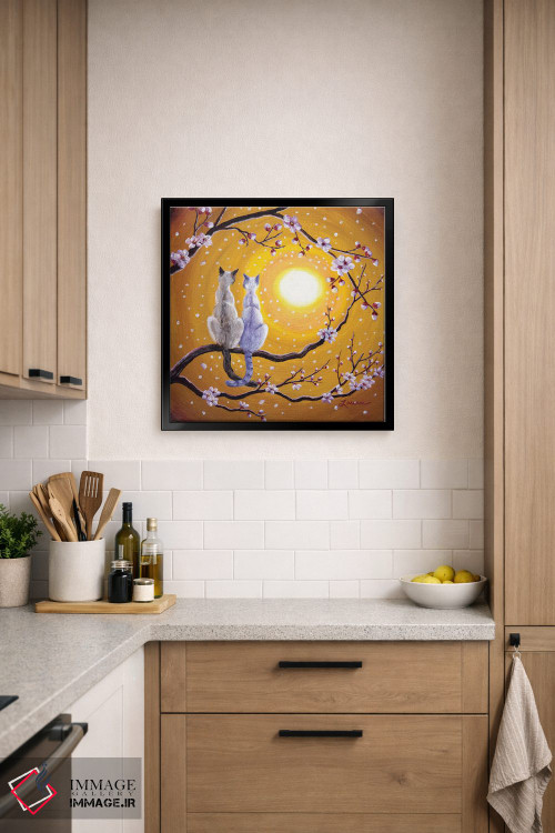 تابلو دکوراتیو گربه های سیامی در آغوش ساکورای طلایی اثر لورا ایورسن - D6B