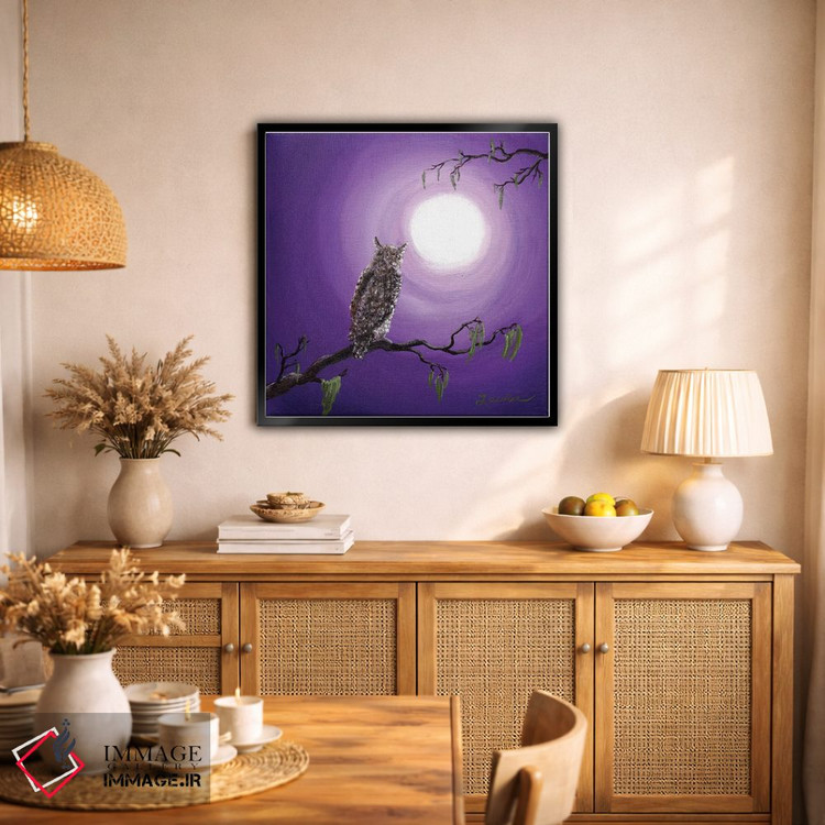 تابلو دکوراتیو جغد روی شاخه خزه ای اثر لورا ایورسن - D1B