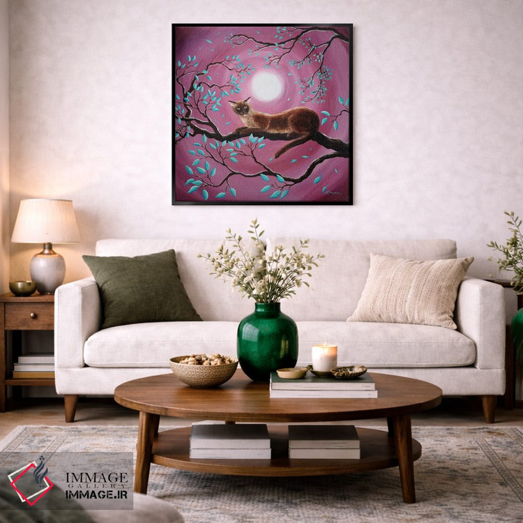 تابلو دکوراتیو گربه برمه ای شکلاتی در برگ های رقصان اثر لورا ایورسن - D3B