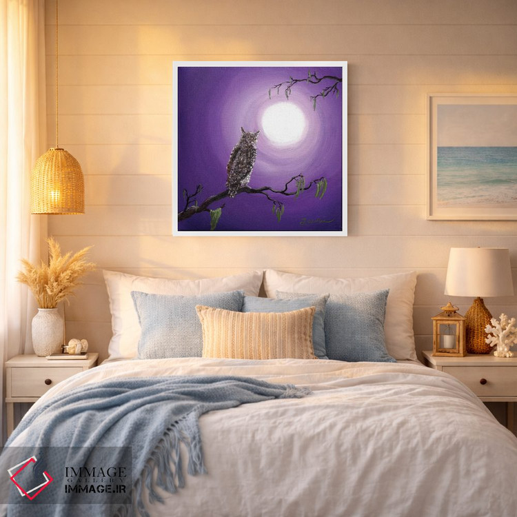 تابلو دکوراتیو جغد روی شاخه خزه ای اثر لورا ایورسن - D5W