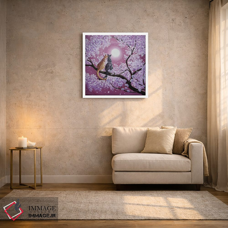 تابلو دکوراتیو گربه های تابیت نارنجی و خاکستری در شکوفه های گیلاس اثر لورا ایورسن - D2W