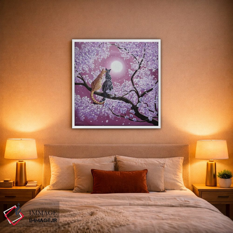 تابلو دکوراتیو گربه های تابیت نارنجی و خاکستری در شکوفه های گیلاس اثر لورا ایورسن - D1W