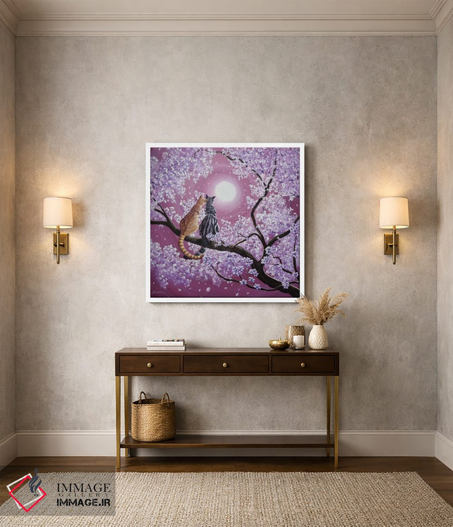 تابلو دکوراتیو گربه های تابیت نارنجی و خاکستری در شکوفه های گیلاس اثر لورا ایورسن - D3W