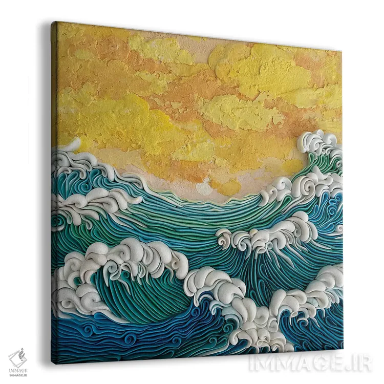 تابلو دکوراتیو غروب طلایی بر امواج فیروزه ای اثر آلیسا لاریوشکینا - نمای پرسپکتیو محصول
