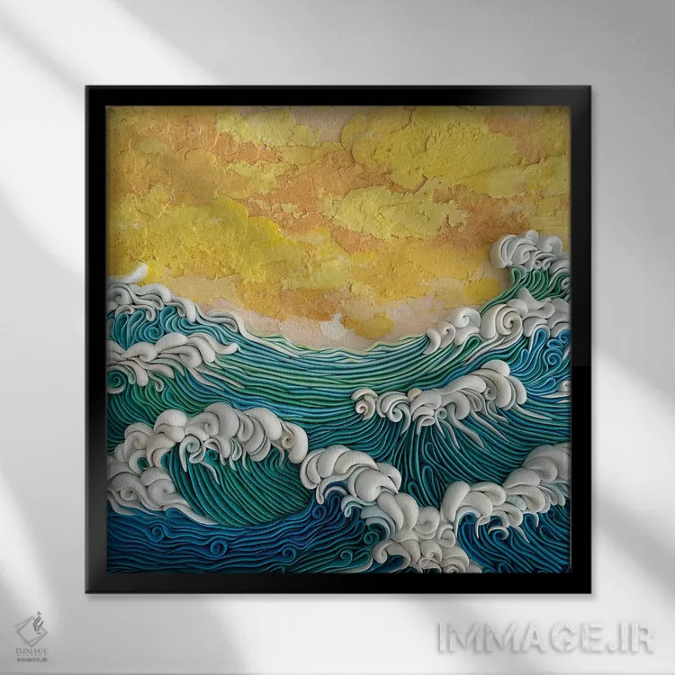 تابلو دکوراتیو غروب طلایی بر امواج فیروزه ای اثر آلیسا لاریوشکینا - نمای قابدار مشکی