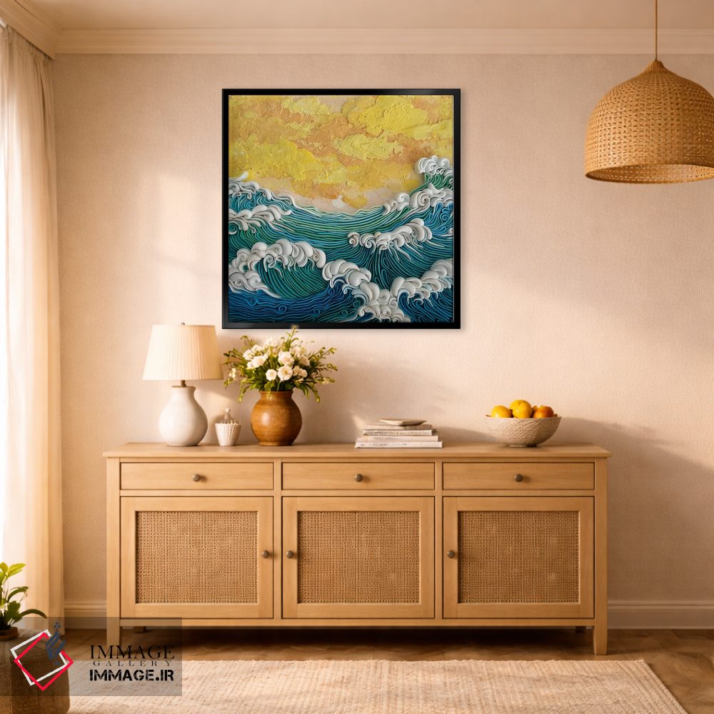 تابلو دکوراتیو غروب طلایی بر امواج فیروزه ای اثر آلیسا لاریوشکینا - D1B