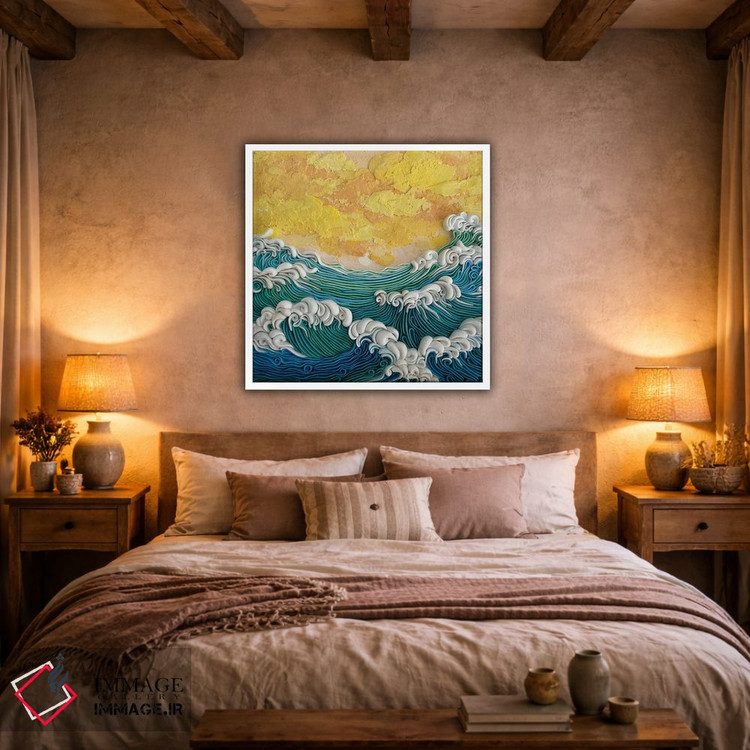 تابلو دکوراتیو غروب طلایی بر امواج فیروزه ای اثر آلیسا لاریوشکینا - D2W