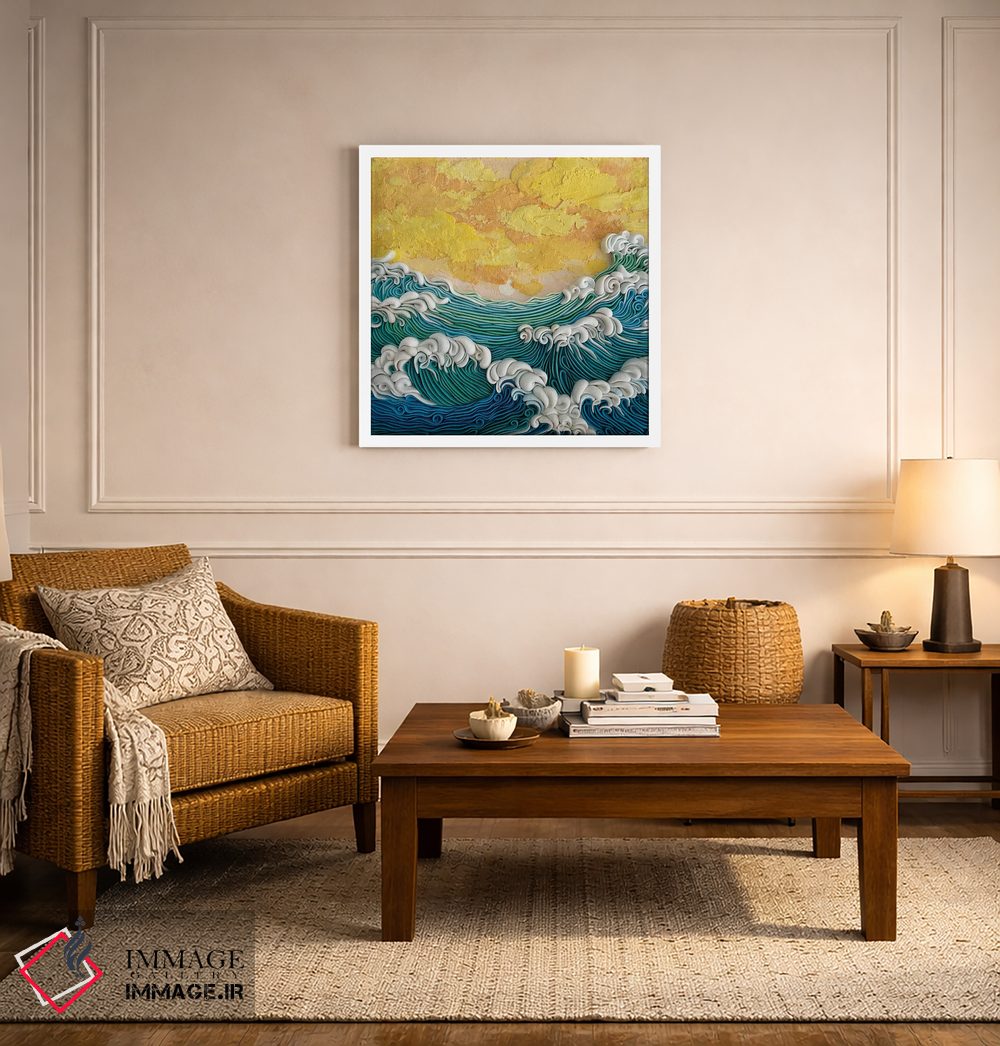 تابلو دکوراتیو غروب طلایی بر امواج فیروزه ای اثر آلیسا لاریوشکینا - D5W
