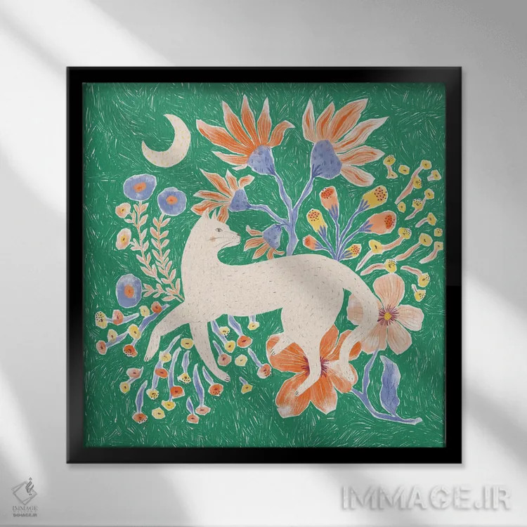 تابلو دکوراتیو گربه گلدار اثر جیل لابینیک - نمای قابدار مشکی