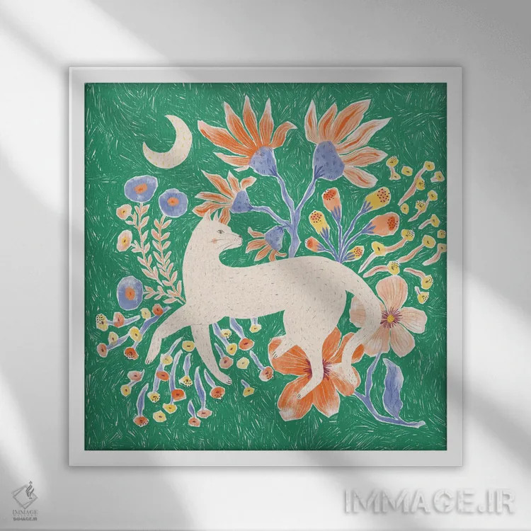 تابلو دکوراتیو گربه گلدار اثر جیل لابینیک - نمای قابدار سفید