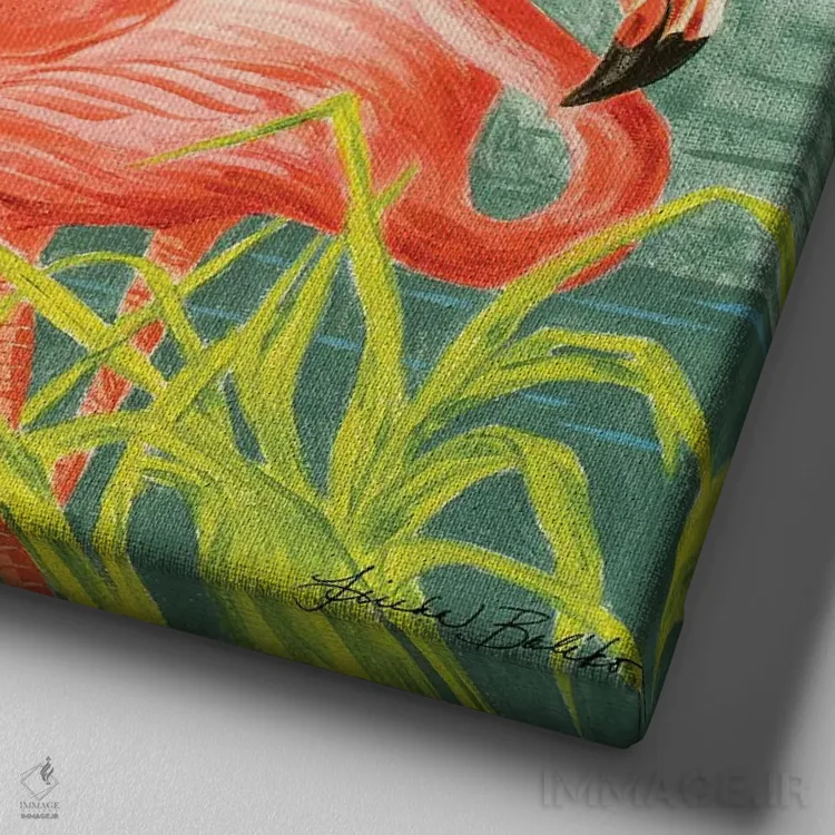 تابلو دکوراتیو فلامینگو گرمسیری II اثر لیندا بالیکو - نمای نزدیک بافت بوم