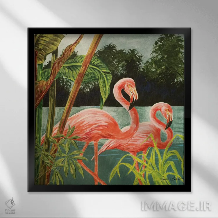 تابلو دکوراتیو فلامینگو گرمسیری II اثر لیندا بالیکو - نمای قابدار مشکی