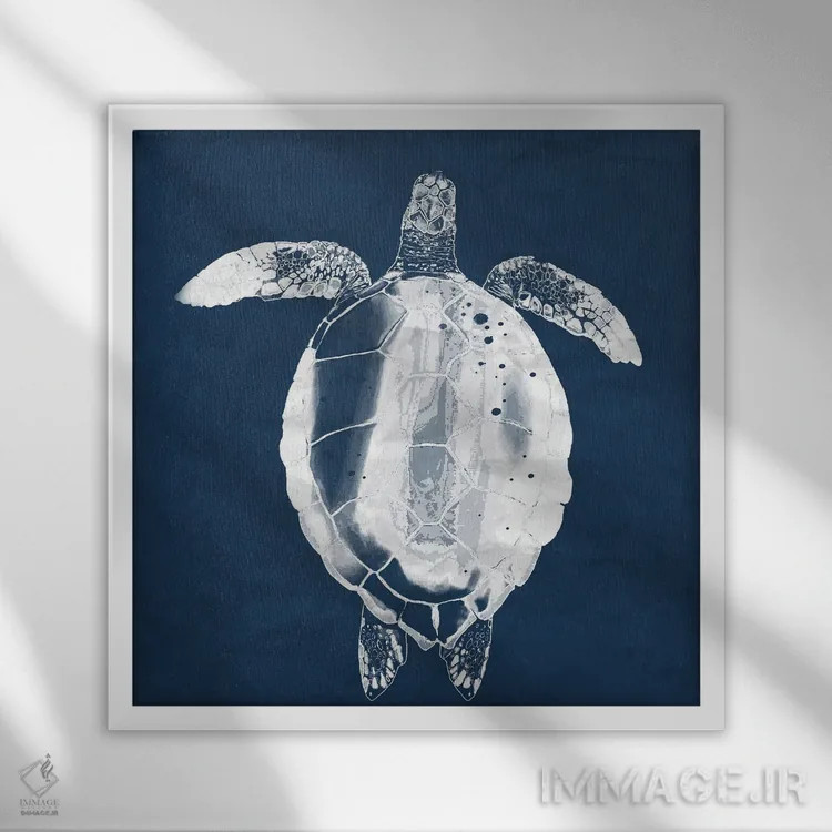 تابلو دکوراتیو لاک پشت دریایی روی سرمه ای اثر لوکا شپرد - نمای قابدار سفید