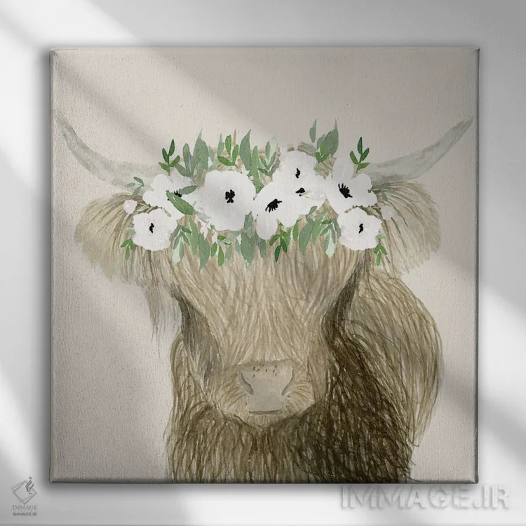 تابلو مدرن گاو نر با تاج گل اثر لوسیل پرایس - نمای روبهرو روی دیوار