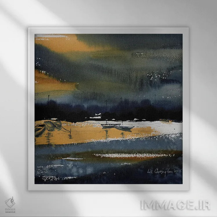 تابلو انتزاعی قایق های بندر اثر لیز کاوینگتون - نمای قابدار سفید