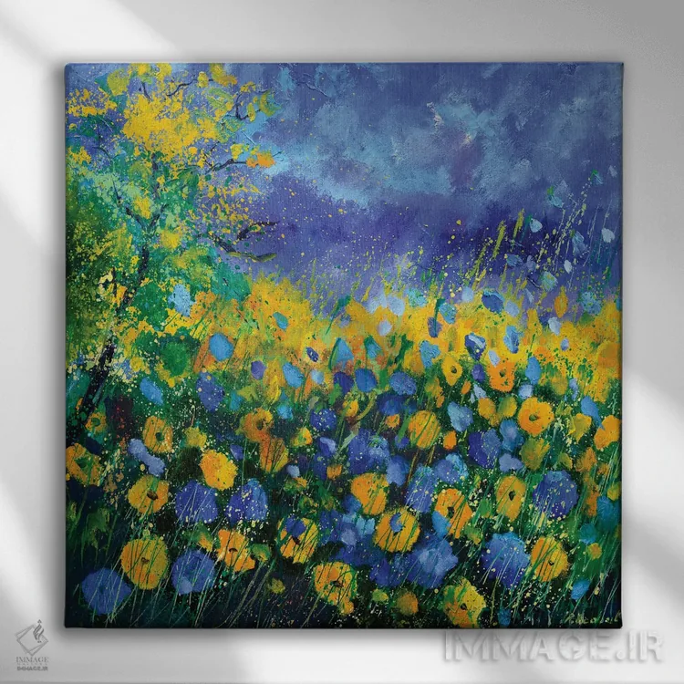 تابلو انتزاعی گل های زرد اثر پل لدنت - نمای روبهرو روی دیوار