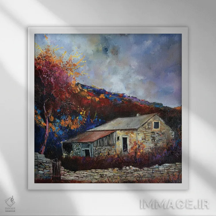تابلو انتزاعی خانه روستایی قدیمی اثر پل لدنت - نمای قابدار سفید