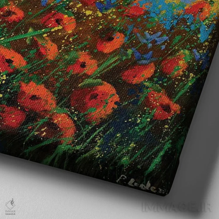 تابلو انتزاعی شقایق های قرمز در مهتاب اثر پل لدنت - نمای نزدیک بافت بوم