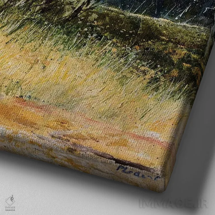 تابلو دکوراتیو چند درخت صنوبر در زمستان اثر پل لدنت - نمای نزدیک بافت بوم