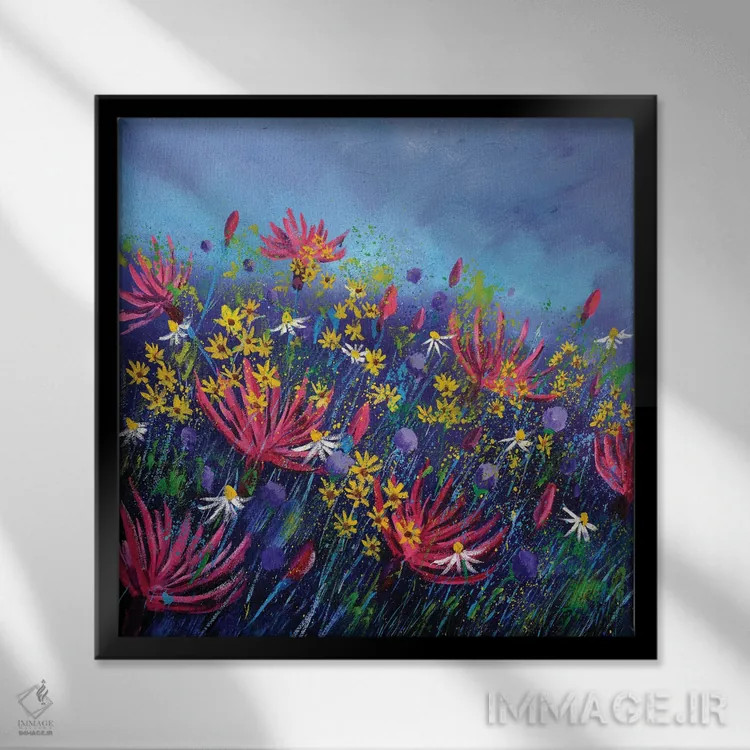 تابلو انتزاعی گل های گندم نمای صورتی اثر پل لدنت - نمای قابدار مشکی