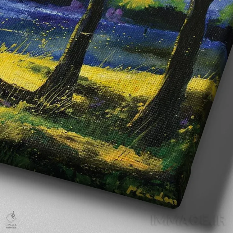 تابلو انتزاعی رودخانه آبی اثر پل لدنت - نمای نزدیک بافت بوم