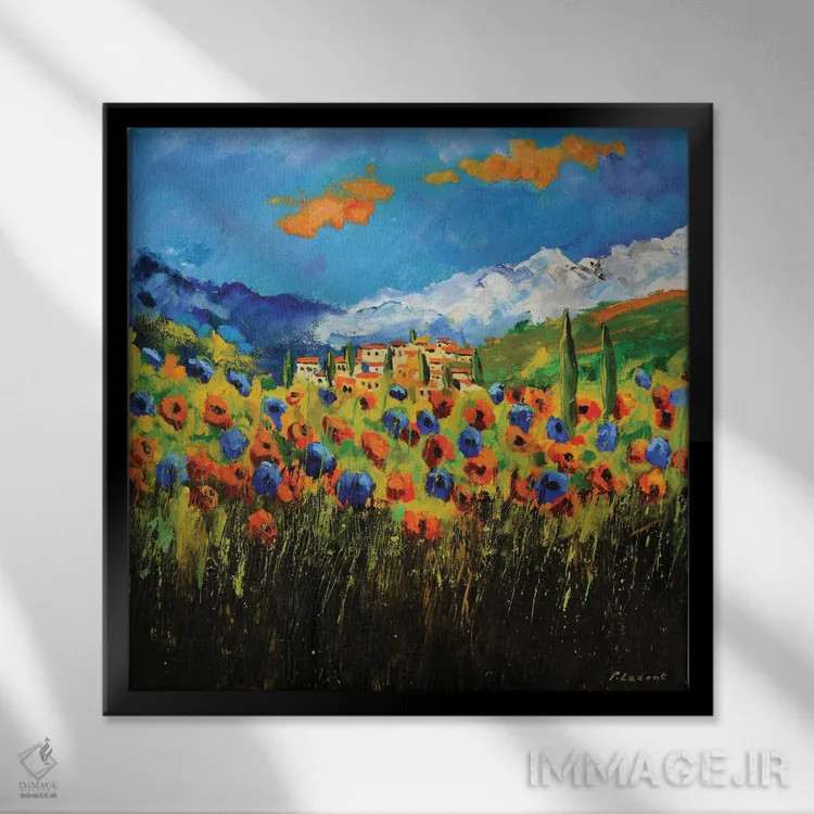 تابلو انتزاعی شقایق ها در توسکانی اثر پل لدنت - نمای قابدار مشکی