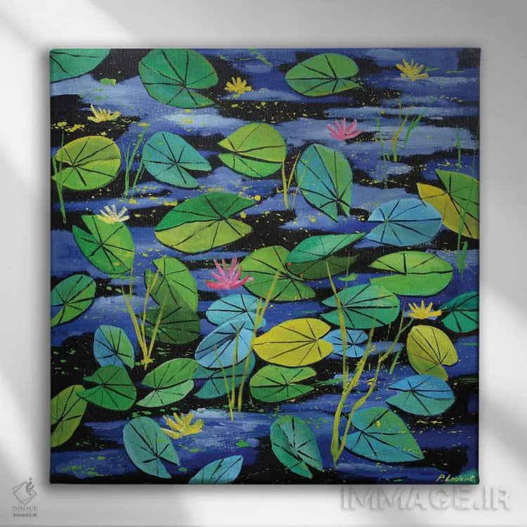 تابلو دکوراتیو نیلوفرهای آبی اثر پل لدنت - نمای روبهرو روی دیوار
