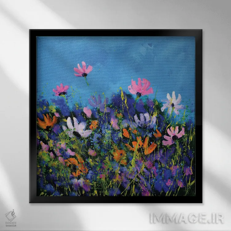 تابلو انتزاعی چند گل کاسموس اثر پل لدنت - نمای قابدار مشکی