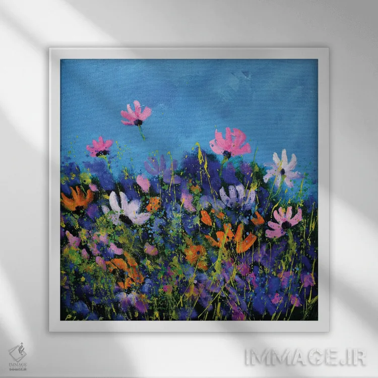 تابلو انتزاعی چند گل کاسموس اثر پل لدنت - نمای قابدار سفید