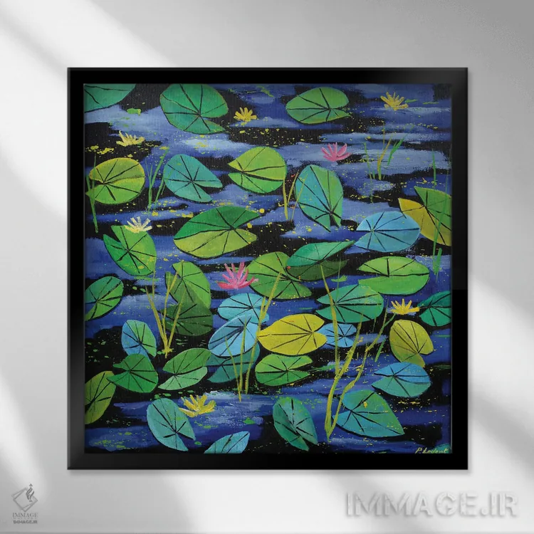 تابلو دکوراتیو نیلوفرهای آبی اثر پل لدنت - نمای قابدار مشکی